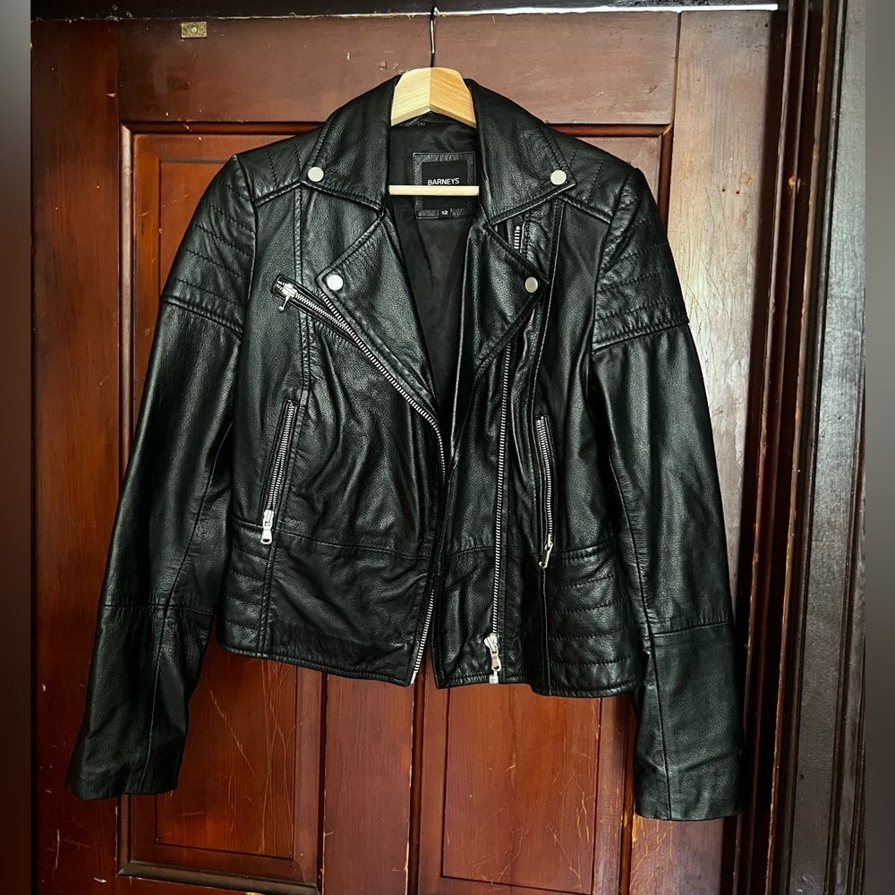 Barney’s Originals Clara 100% Real Leather Black Quilted Moto Jacket US 8, UK 12